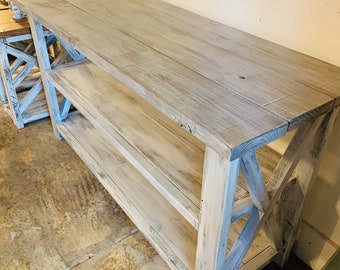 Wooden Buffet Table, Rustic Console Table, Farmhouse Buffet Table, Distressed White Base and White Wash Top