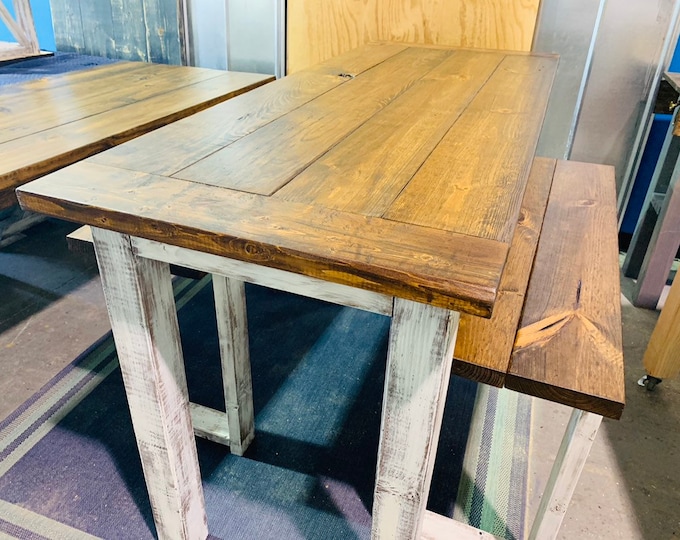 Counter Height Table Set Breadboard, Provincial Brown Top and White Distressed Base Includes Two Benches, Farmhouse Style