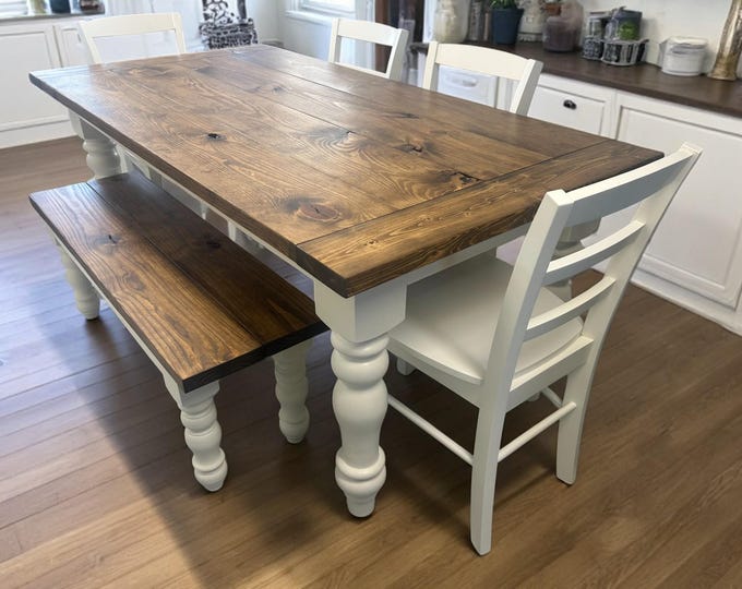 Rustic 6ft Farmhouse Table - With Bench and Chairs - Chunky Turned Legs - Provincial Brown and Antique White