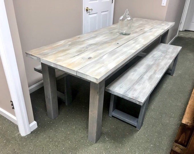 Rustic Farmhouse 8ft Table Set With Two Long Matching Benches, White Wash Top with Gray Base, Long Dining Set, Wooden Banquet Table