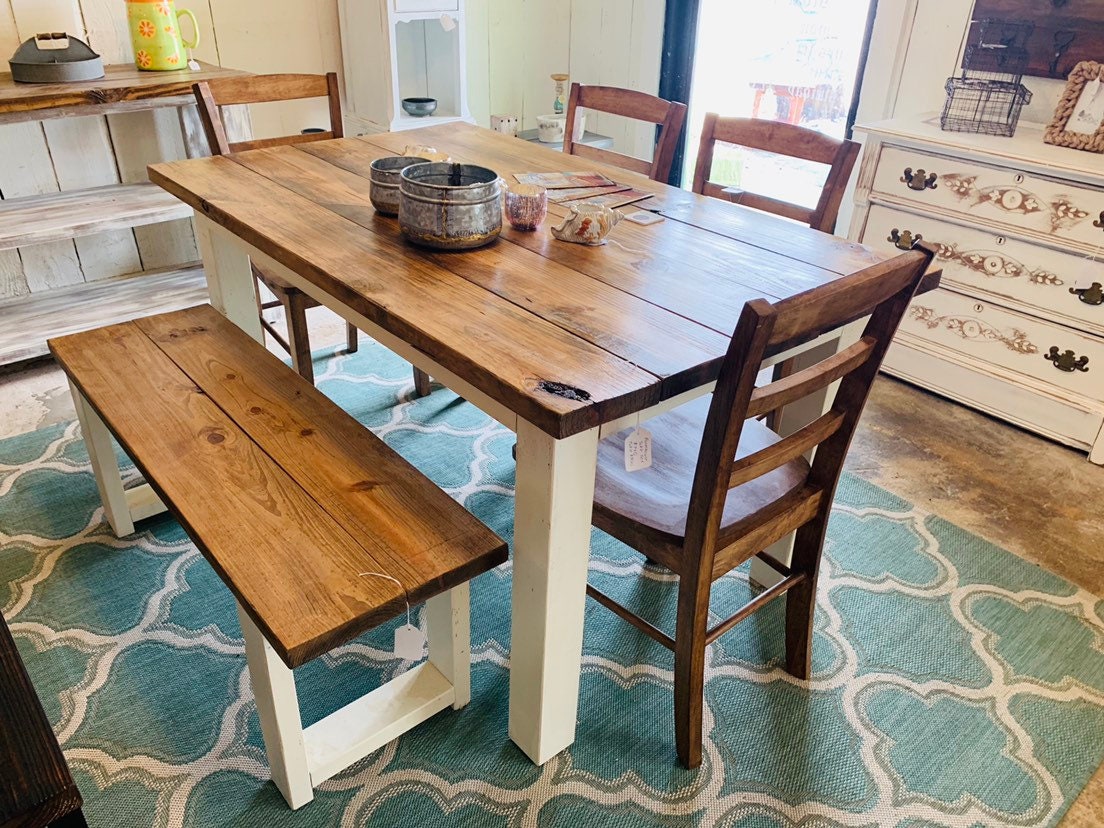 Farmhouse Table Set with Bench and Chairs White Base and Early American Brown Top Dining Set with Chairs Kitchen Table Set