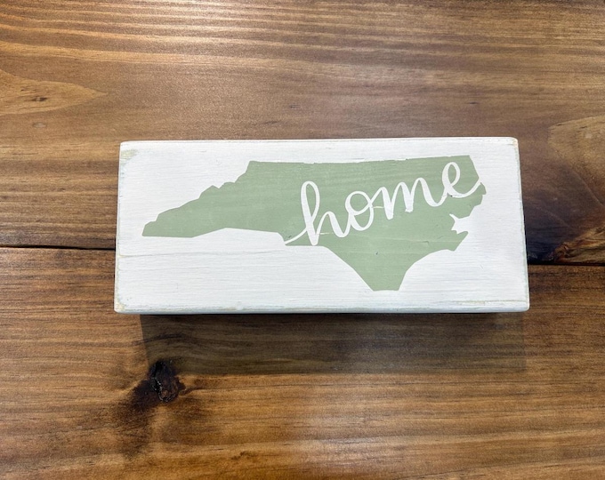 Hand-Painted North Carolina Wooden Block Decor – Rustic Farmhouse Shelf Accent – Horizontal NC State Sign – Handmade Southern Home Décor