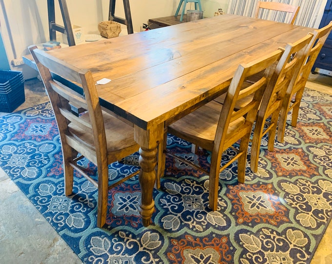 Rustic Farmhouse Table with Turned Legs, Bench and Chairs, Early American Brown Stain Finish, Dining Set with Wooden Ladder Back Chairs