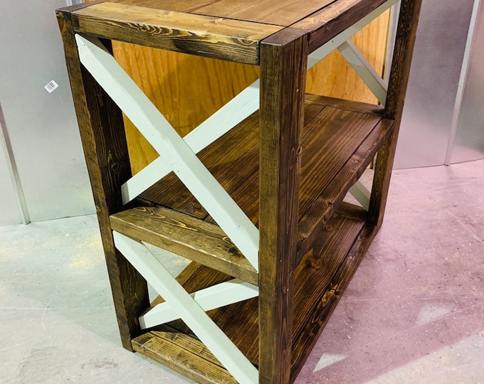 SmallRustic Farmhouse Style Bookshelf, Dark Walnut Stain with Light Green X Accents,  Wooden Shelving Bookcase, Small Storage.