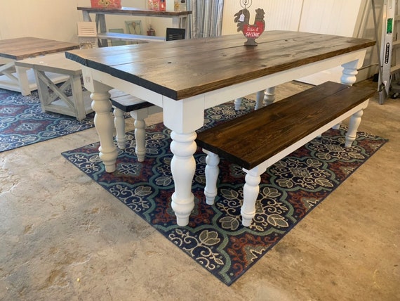 Long Pub Style Farmhouse Table Set, With Stools and Tall Benches, Dark  Walnut Top With White Distressed Base, Tall Farmhouse Table Set 