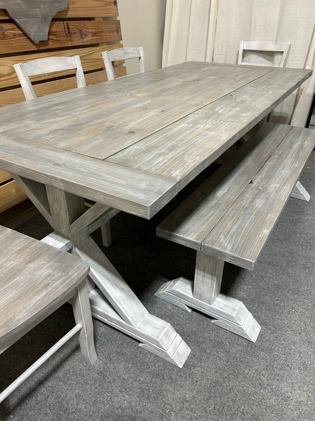7ft Farmhouse Trestle Table With Chairs or Benches Gray White Wash