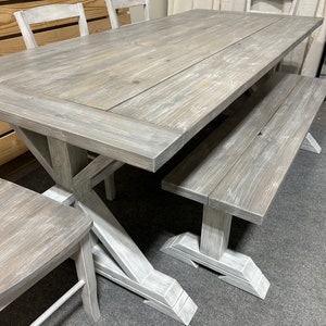 7ft Farmhouse Trestle Table - With Chairs or Benches - Gray White Wash, Distressed Base - Wooden Dining Table - Real Wood