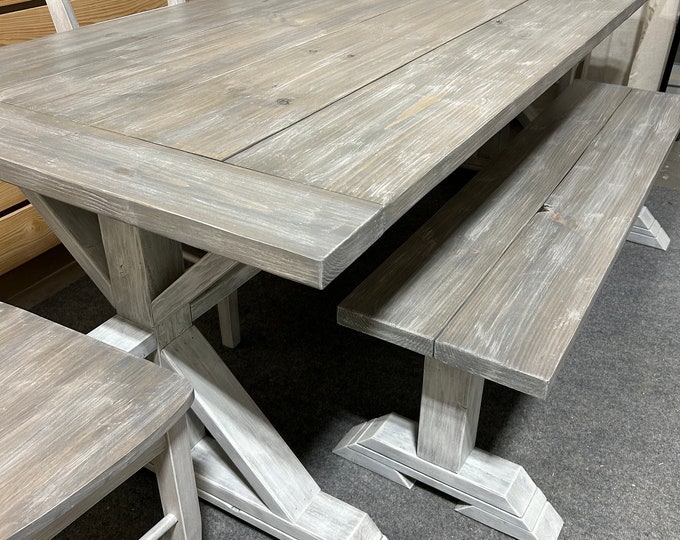 7ft Farmhouse Trestle Table - With Chairs or Benches - Gray White Wash, Distressed Base - Wooden Dining Table - Real Wood