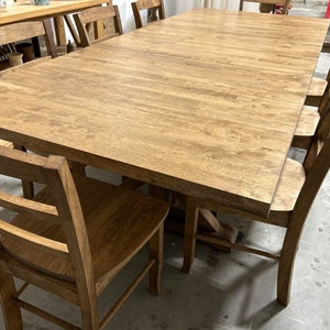 Extendable Farmhouse Table, Two Leaf Dining Set with Chairs, Modern Trestle Style Base, Stained Provincial Brown, Hardwood image 2