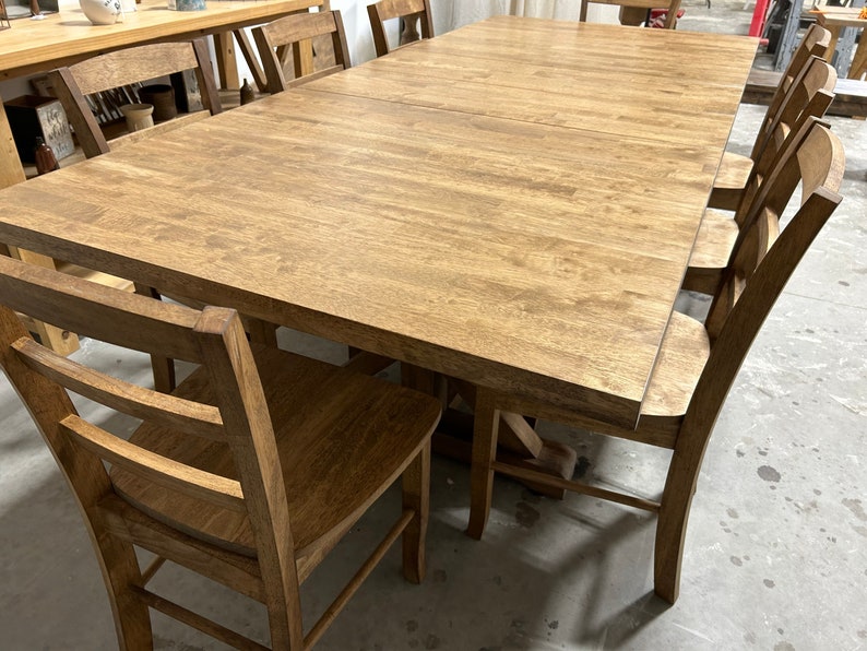 Extendable Farmhouse Table, Two Leaf Dining Set with Chairs, Modern Trestle Style Base, Stained Provincial Brown, Hardwood image 2