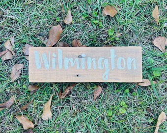Wilmington Sign - Reclaimed Wood Wall Art - Antique White, Brown
