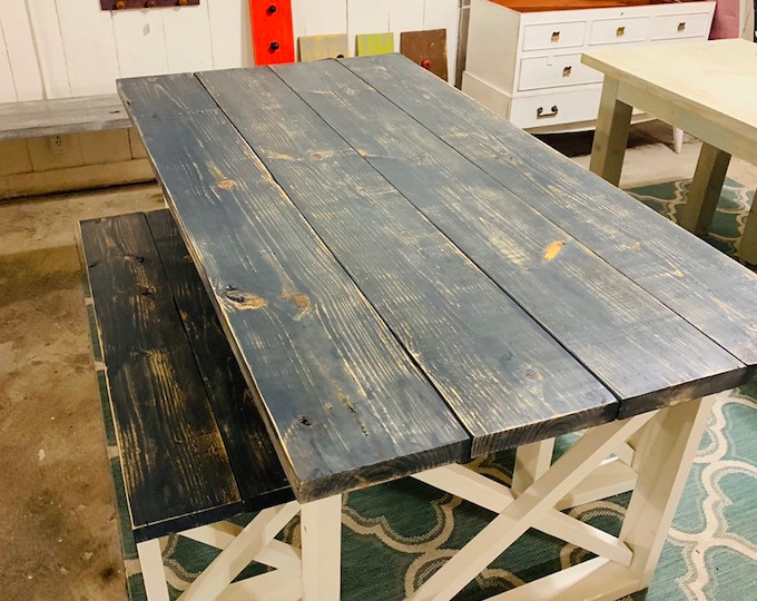 Rustic Farmhouse Table With Benches with Charcoal Gray Weathered Top and White Base and Cross Brace Design.