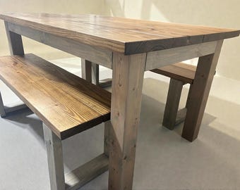 Farmhouse Table With Benches | 5ft Rustic Dining Set | Solid Pine Kitchen Furniture
