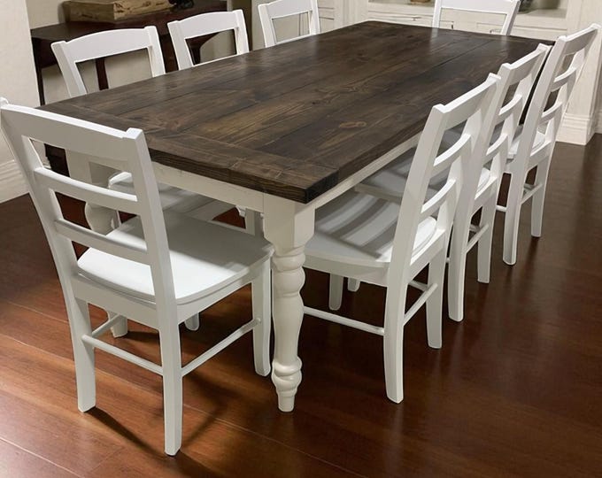 Modern Farmhouse Table, With Chairs, Dark Walnut Stained Top, Antique White Base, Dining, and Kitchen Table, Turned Legs