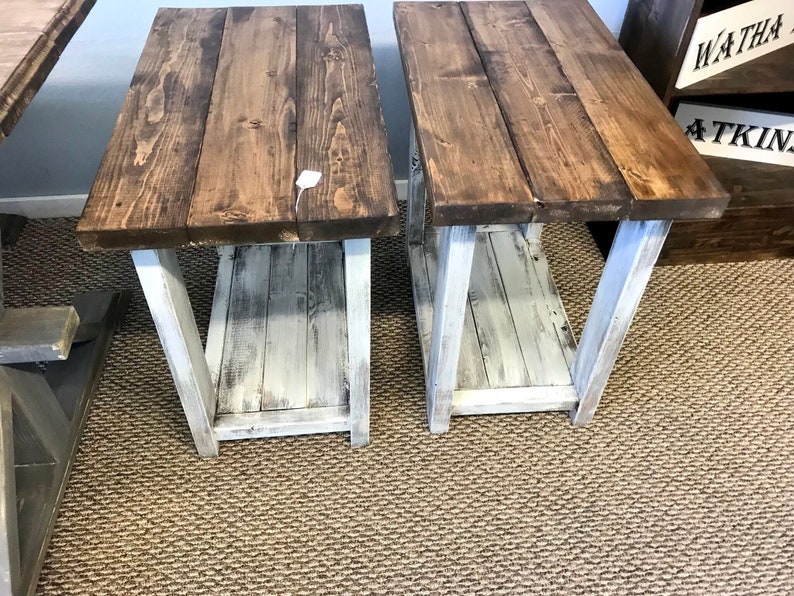 Rectangle End Tables Set With Shelve Distressed White Base Etsy