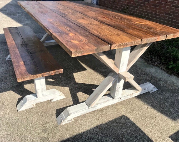 Rustic Pedestal Wide Farmhouse 7ft. Table With Bench Provincial Brown with White Distressed Base Dining Set