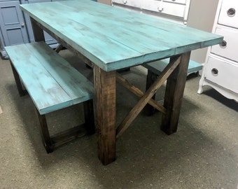 Rustic Wooden Farmhouse Table Set with Distressed Teal Top and Dark Walnut Base Criss Cross Style Includes Two Benches