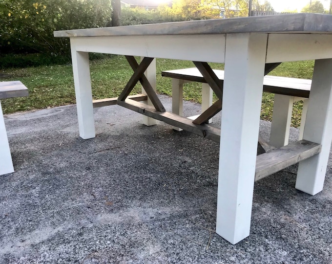 Rustic Farmhouse Table, Farmhouse Table with Benches, Dining Set with  X Style Bracing, Rustic Dining Set, Gray Top Creamy White Base