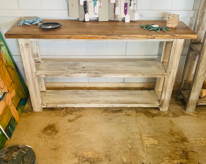 Rustic Farmhouse Narrow Bookcase, Console or Entryway Table with A Light Walnut Top and Distressed White Base, Wooden Shelving Unit