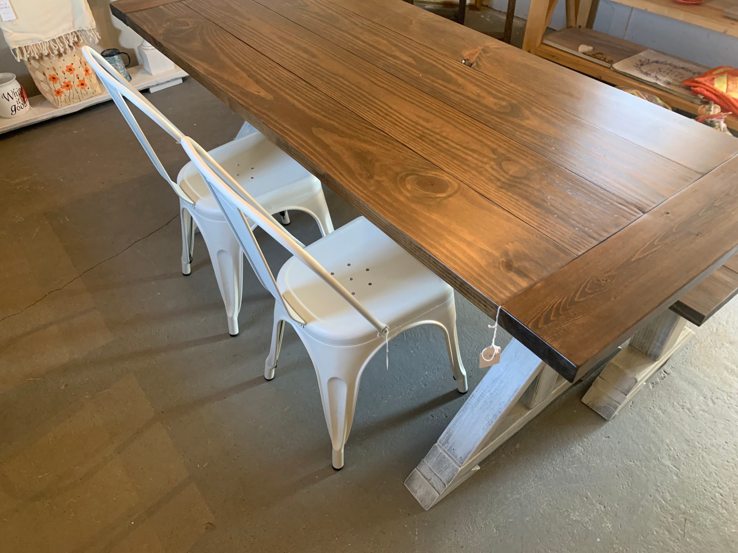 Long Pub Style Farmhouse Table Set, With Stools and Tall Benches, Dark  Walnut Top With White Distressed Base, Tall Farmhouse Table Set 