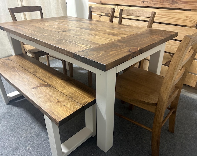 Kitchen Table and Benches - Large Breadboard Ends - 5ft Dining or Kitchen Table - Wooden Farmhouse Table