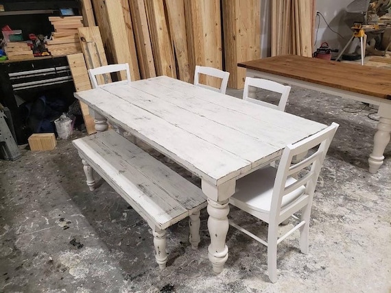 Long Pub Style Farmhouse Table Set, With Stools and Tall Benches, Dark  Walnut Top With White Distressed Base, Tall Farmhouse Table Set 