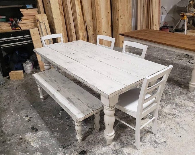 White Farmhouse Table Set, With Chairs and a Bench.  Weathered White Top, With Distressed Base, Dining Set