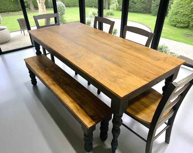 Farmhouse Dining Set: Provincial Brown Table, Coal Frame Chairs, Hickory Seat