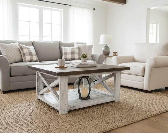 Square Farmhouse Coffee Table Solid Wood Storage X Brace Rustic Distressed Living Room Furniture