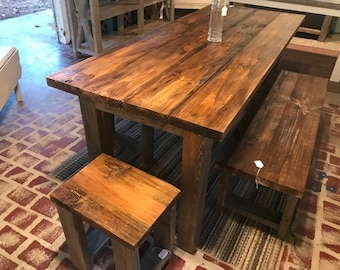 Rustic Wooden Farmhouse Table Set with Provincial Brown Top and Classic Gray Base Includes Two Benches and End Stools