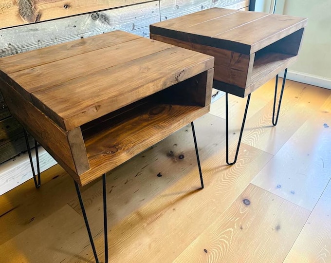 Modern Wood End Table Set Hairpin Legs Nightstand Side Tables Rustic Bedroom Storage