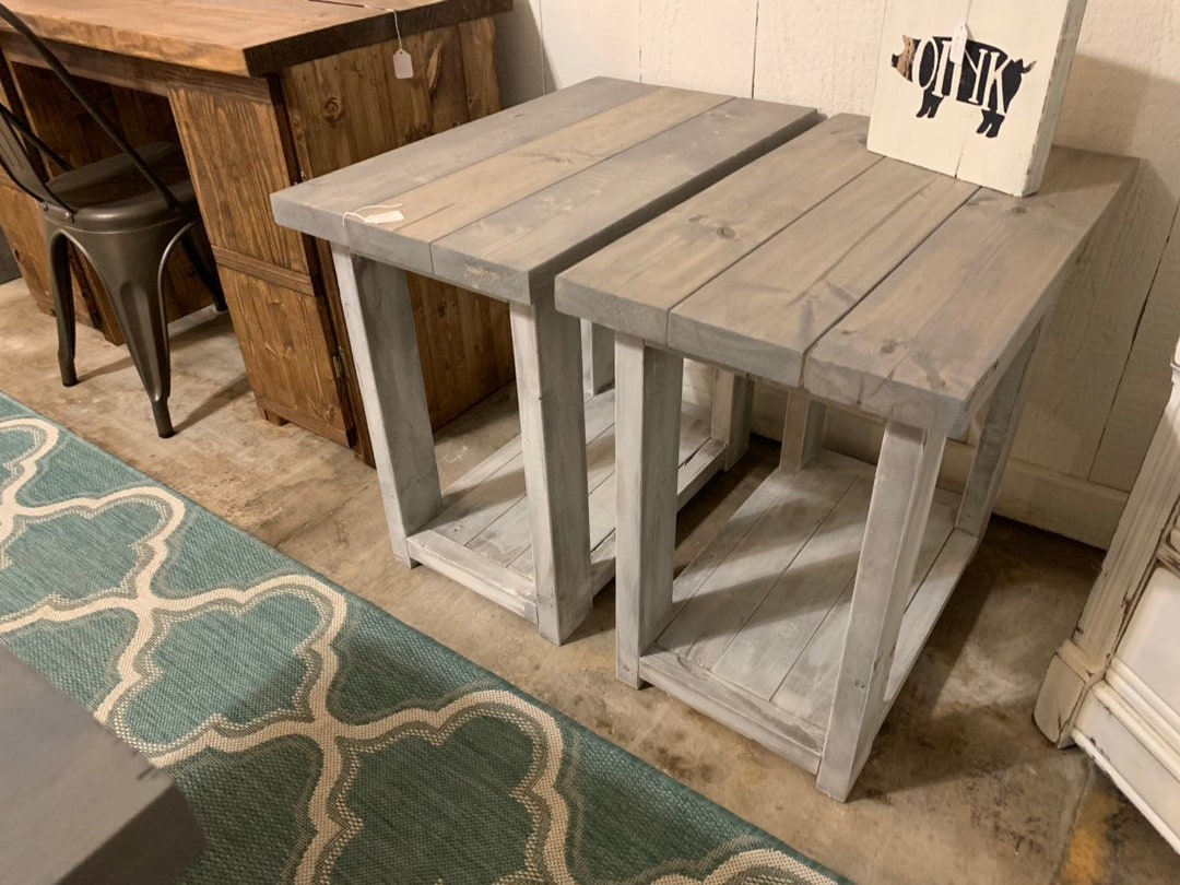 Farmhouse End Tables Set With Shelve, Distressed White Base With Gray