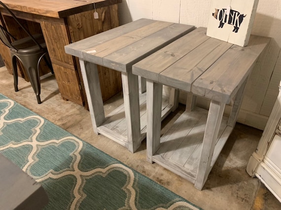 Farmhouse End Tables Set With Shelve Distressed White Base With