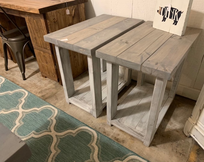 Farmhouse End Tables Set with Shelve, Distressed White Base with Gray Stained Top Pair of Farmhouse Side Tables, Wooden Table