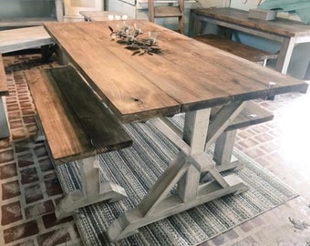 Rustic Pedestal Farmhouse Table With Benches Provincial Brown with White Distressed Base Dining Set In Stock