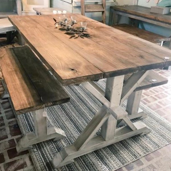 Rustic Pedestal Farmhouse Table With Benches Provincial Brown with White Distressed Base Dining Set In Stock