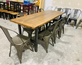 Industrial Farmhouse Dining Set: 6.5ft Provincial Brown Table, Steel Legs, Metal Chair Option