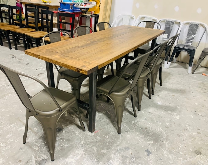 Industrial Farmhouse Table, Rustic Steel Legs, Provincial Brown Wooden Top, 6.5ft Dining Set, Breadboards, Metal Chair Option