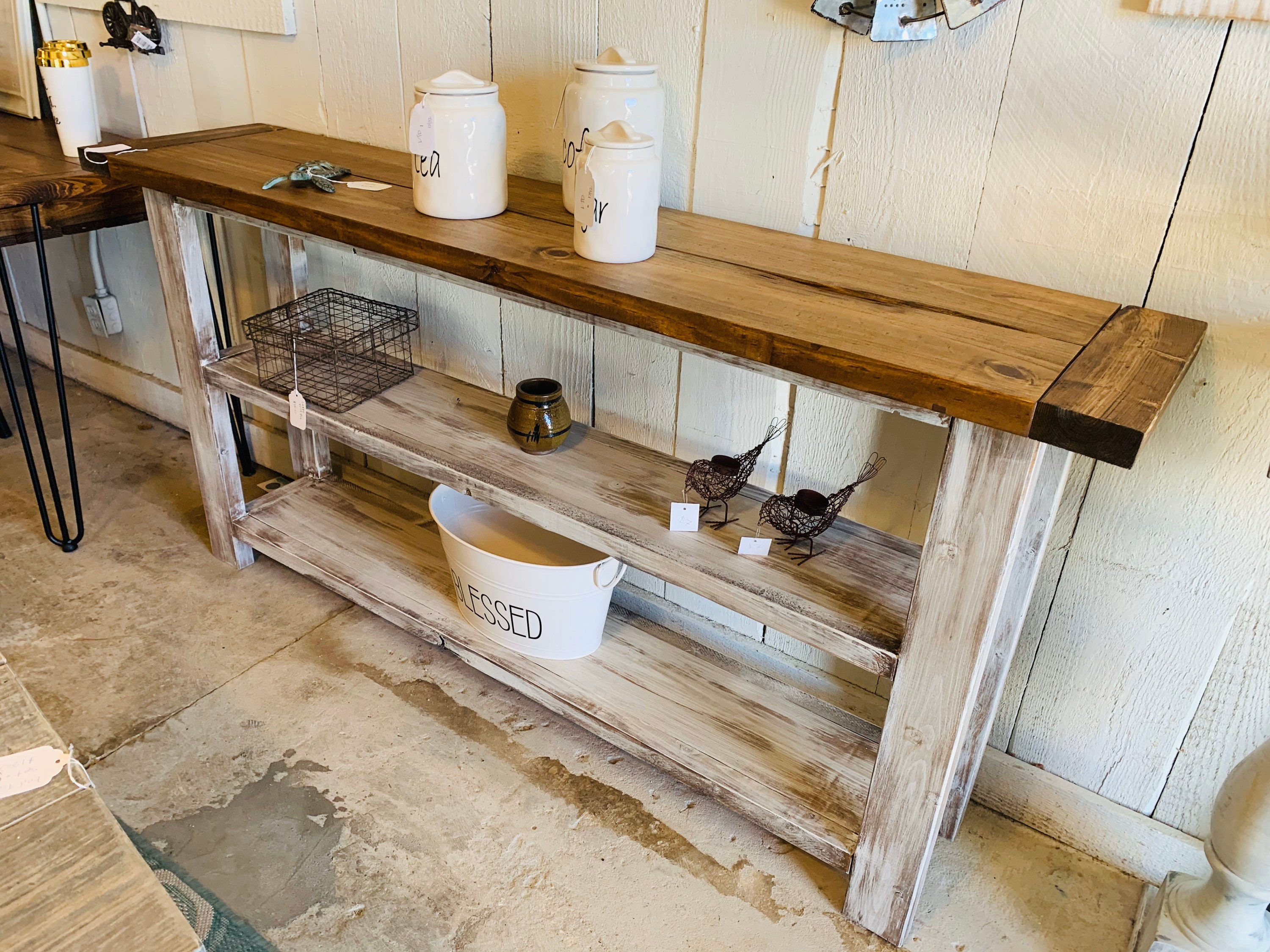 Rustic Farmhouse Narrow Bookcase Console or Entryway Table With Early American Brown Top and Distressed White Base Wooden Shelving Unit Etsy