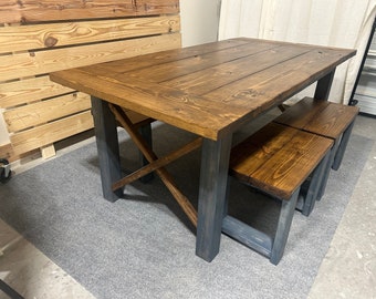 Modern Farmhouse Dining Set - With Bench and Stool Seating - Charcoal Gray and Provincial Brown - X Accents and Breadboard Ends
