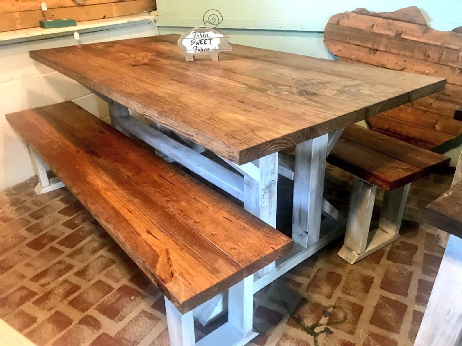 Rustic Double Pedestal Farmhouse Table Set With Long Benches Etsy