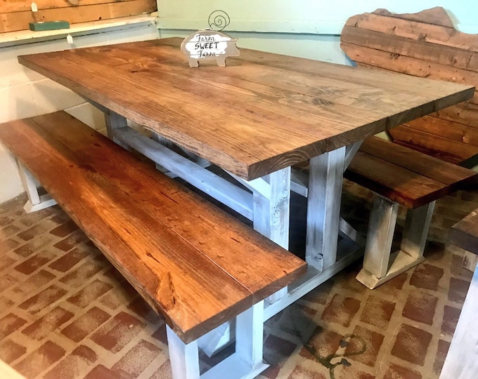 Rustic Double Pedestal Farmhouse Table Set with Long Benches, Early American, White Distressed Base, Wood Dining Set