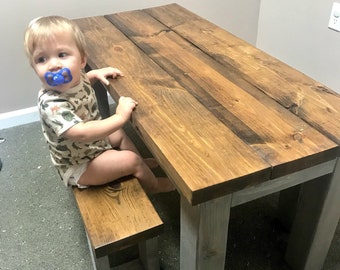 Kids Rustic Farmhouse Table Set with Benches, Children's Table, Dining Set, Provincial Brown Top with Gray Base, Kids Furniture