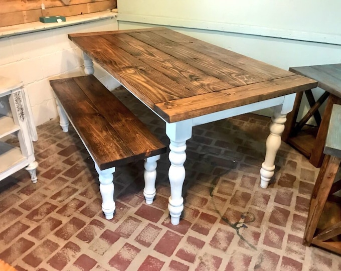 Farmhouse Style Table with Spun Legs and Breadbaords Set Comes with Matching Bench, Top Is Honey Brown Bottom Distressed White Base