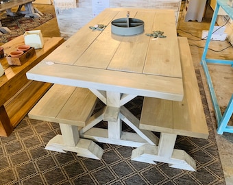 Small Rustic Farmhouse Table Set With Long Benches and Breadboards, Gray White Wash Finish and Distressed White Base Wooden Dining Set