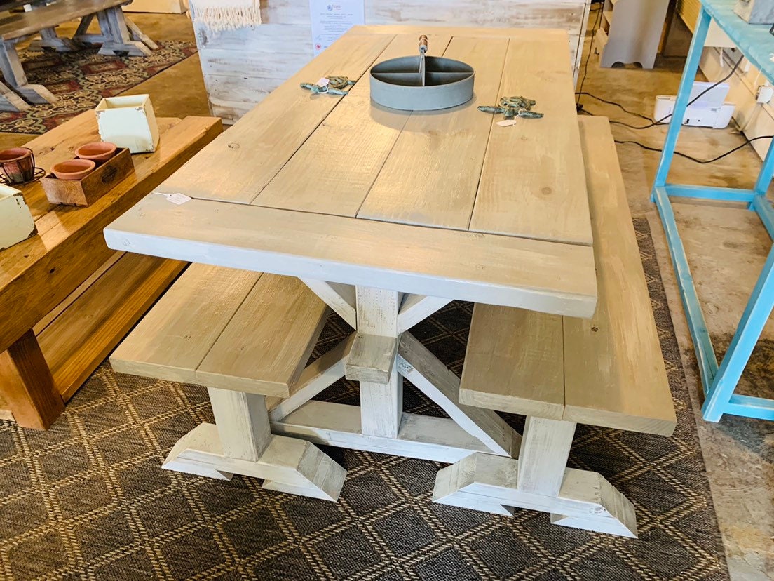 Small Rustic Farmhouse Table Set With Long Benches And Breadboards Gray White Wash Finish And Distressed White Base Wooden Dining Set