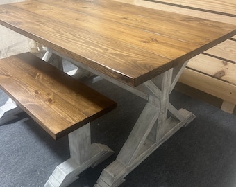 Rustic Farmhouse Dining Set: Solid Wood Table with Bench Seating