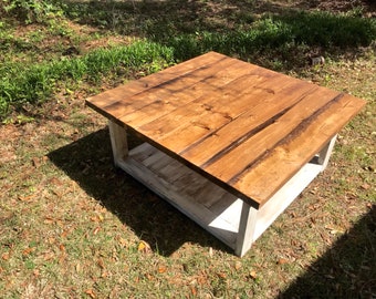 Handmade Rustic Farmhouse Coffee Table - Large Solid Wood Living Room Centerpiece with Distressed Finish and Unique Grain Patterns