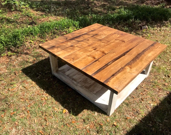 Handmade Rustic Farmhouse Coffee Table - Large Solid Wood Living Room Centerpiece with Distressed Finish and Unique Grain Patterns