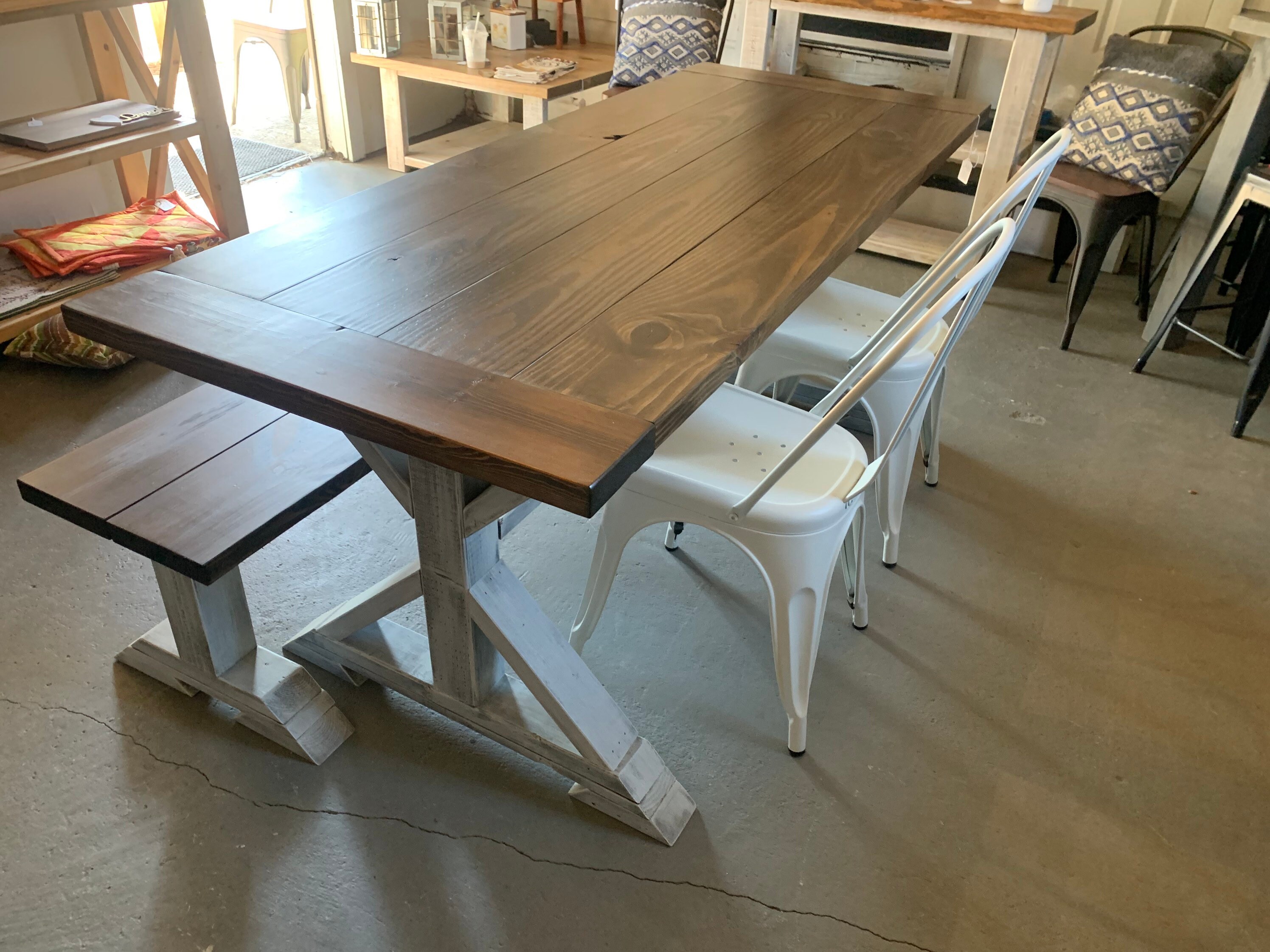 Long Pub Style Farmhouse Table Set, With Stools and Tall Benches, Dark  Walnut Top With White Distressed Base, Tall Farmhouse Table Set 